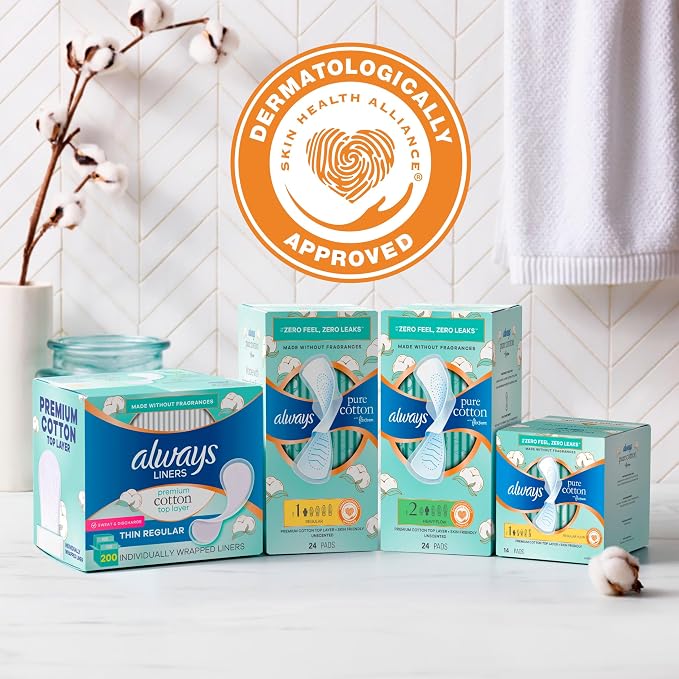 Always Panty Liners for Women Premium Cotton Liners 200 Count