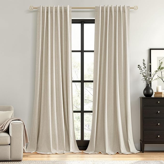 Guken Extra Long 100% Blackout Linen Curtains for Bedroom 108 inches Long, Thermal Insulated Room Darkening Black Out Drapes for Living Room, Back Tab Rod Pocket 2 Panels Set,Taupe Burlywood,52x108