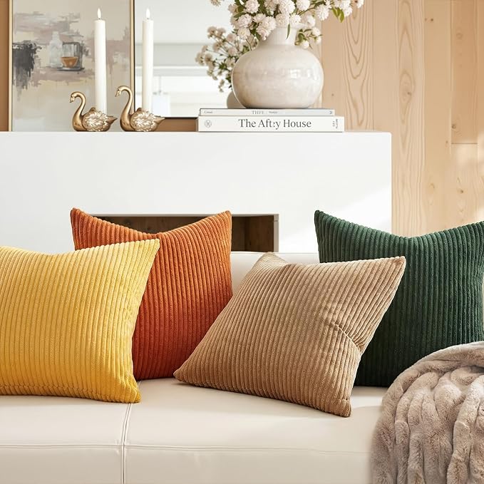 Topfinel Striped Pillow Covers 20x20 Boho Farmhouse Green Rust Set of 4 Mordern Nordic Soft Corduroy Cushion Covers Fall Home Decor for Couch Bed Sofa Living Room Forest Green