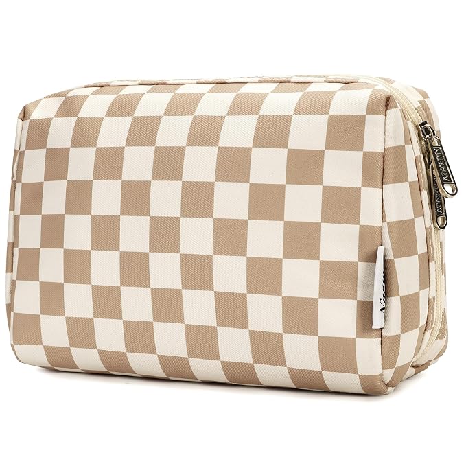 Narwey Checkered Makeup Bag Travel Cosmetic Bag Organizer Toiletry Bag Make Up Bags with Compartments for Women Girls (Large, Khaki Checkerboard)