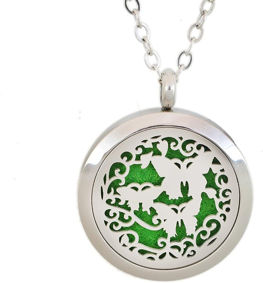 Aromatherapy Essential Oil Diffuser Stainless Steel 30MM Silver Magnetic Locket Pendant with Chain Necklace and Colored Refill Pads & Diffuser Bracelet All in a Velvet Bag (butterfly3)