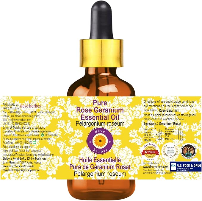 Deve Herbes Pure Rose Geranium Essential Oil (Pelargonium roseum) with Glass Dropper Steam Distilled 5ml (0.16 oz)