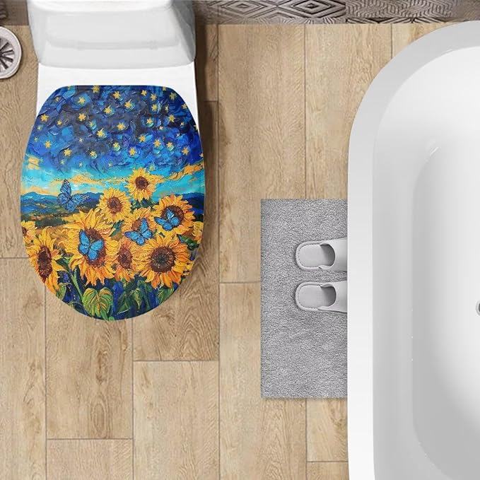 KathyboomToilet Lid Cover, Suitable for Most Round, Long and Oval Toilet Lid Cover, Comfortable and Dustproof, Reusable Toilet Seat Cover-Sunflowers With Butterflies