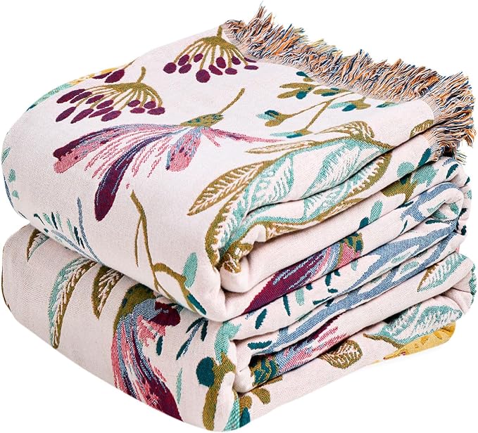 MSGKV Boho Throw Blanket 60"x80" 100% Cotton Floral Blanket for Couch Bed | 100% Cotton Muslin, Floral Throw Blanket, Reversible Weave, Lightweight Comfort, Cozy Home Decor, Machine Washable