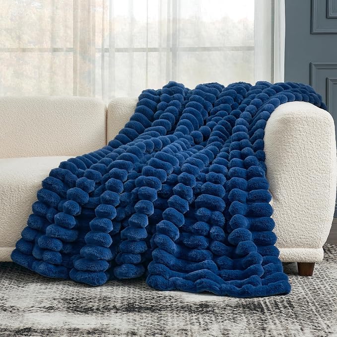 Cozy Bliss Faux Fur Throw Blanket for Couch, Cozy Warm Plush Striped Blanket for Sofa Bedroom Living Room, 108 * 90 Inches Navy Blue