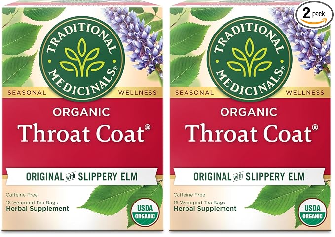 Traditional Medicinals Organic, Throat Coat Tea, Original with Slippery Elm - Supports Throat Health - Kosher, Non-GMO, Caffeine-Free, Compostable - 16 Tea Bags (Pack of 2)