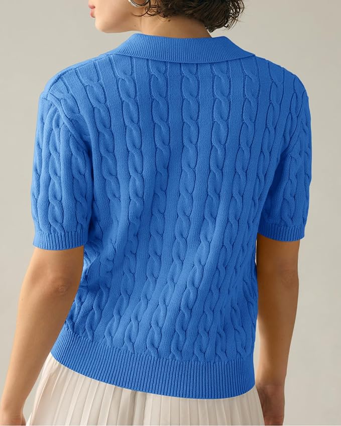 Imily Bela Womens Cable Short Sleeve Sweaters Tops Lapel V Neck Knit Shirt | Solid,Knit Casual,Soft Pullover,Fall Sweaters,Womens Summer Work Tops