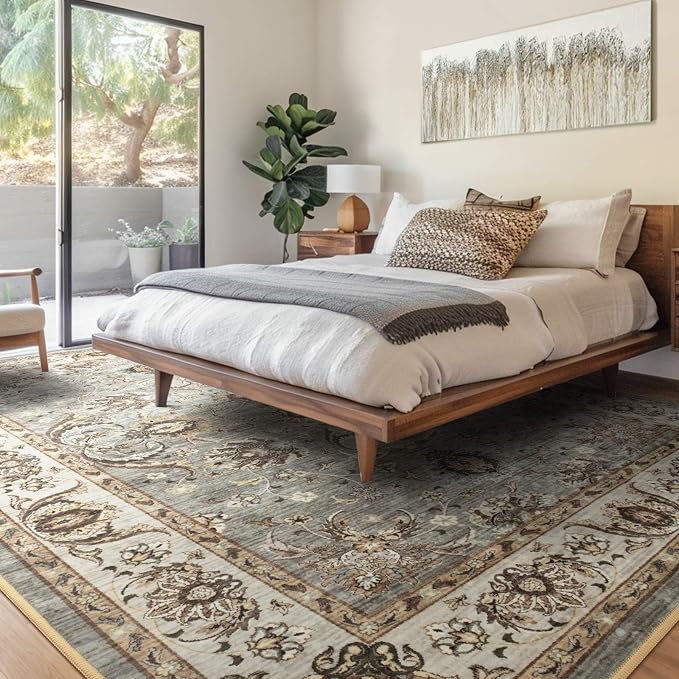8x10 Ft Extra Large Washable Area Rugs for Living Room, Thin Floral Vintage Print Rug Non Slip Carpet for Bedroom Dining Room Kidsroom Home Decor (Brown)
