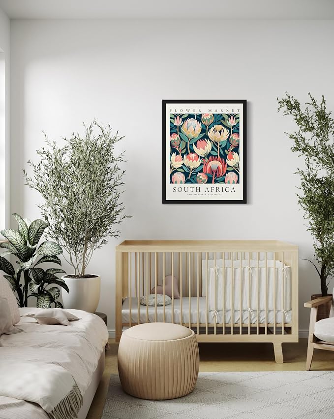 South Africa, King Protea Art Print Poster, Flower Market Wall Art, Floral Artwork Decor for Bedroom, Kitchen, Bathroom, Livingroom Decoration 52 (South Africa, King Protea, 20"L x 16"W, Black Frame)