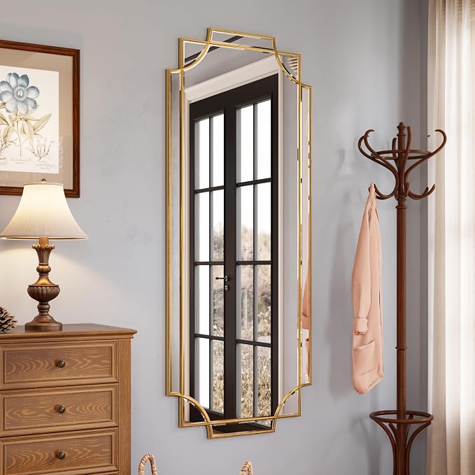Kelly Miller 24"x58" Gold Foil Scalloped Edge Decorative Full Length Mirror | Hand-Applied Gold Foil Finish. HD Mirror With French Cleat. Elegant Beveled Wall Mirror Decor For Bathroom Bedroom Entryway.