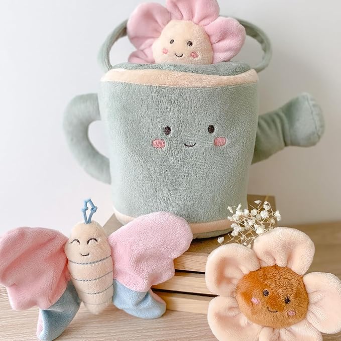 MON AMI Spring Watering Can Play Set with Rattles – 4 Pc Set, Stuffed Plush Gardening Set for Kids with Watering Can, 2 Pcs Flowers, Butterfly