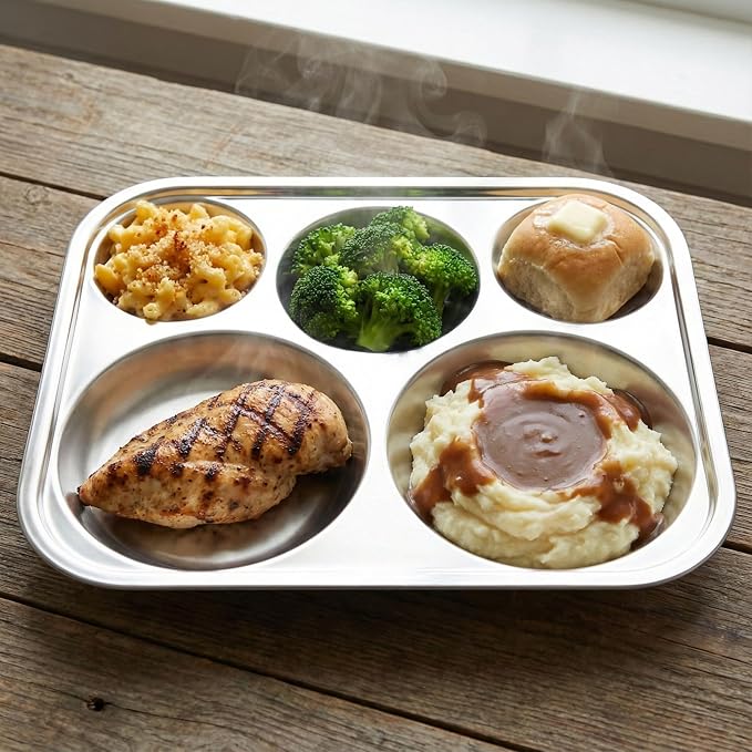 Korean Stainless Steel Large Divided Plates for Adults & Teens 2-Pack | Premium 304 electro-polished stainless steel, no black residue, BPA-free large tray for diet portion control
