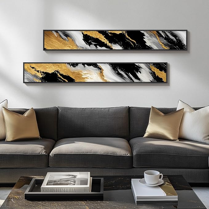 Framed Vertical Black and Gold Abstract Wall Art Set of 2, Modern Long Narrow Canvas Prints Paintings Artwork for Walls, Minimalist Luxury Pictures for Living Room Bedroom Entryway Hallway Wall Decor