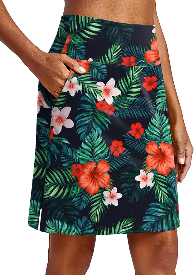PINSPARK 20" Skorts for Woman Knee Length UPF 50+ Golf Skirts | 4 Pockets, Built-in Shorts, High Waisted, Split Hem, Silky-smooth, Moisture-wicking, for Golf Athletic Tennis Workout Casual