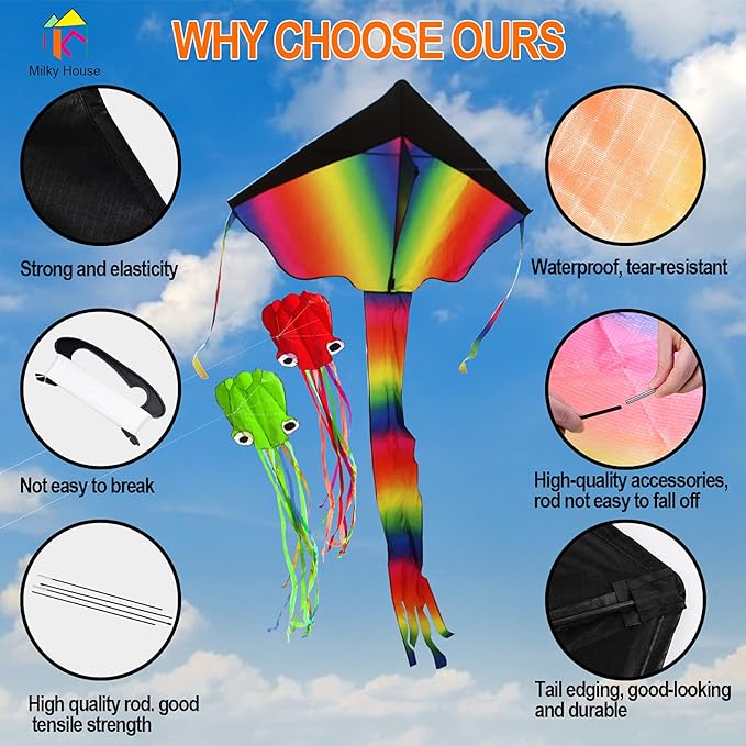 3 Pack Octopus Kite - 3D Beach Kites for People & Kids (Blue, Green, Red) - Easy to Fly, Kite Kit with 100M String