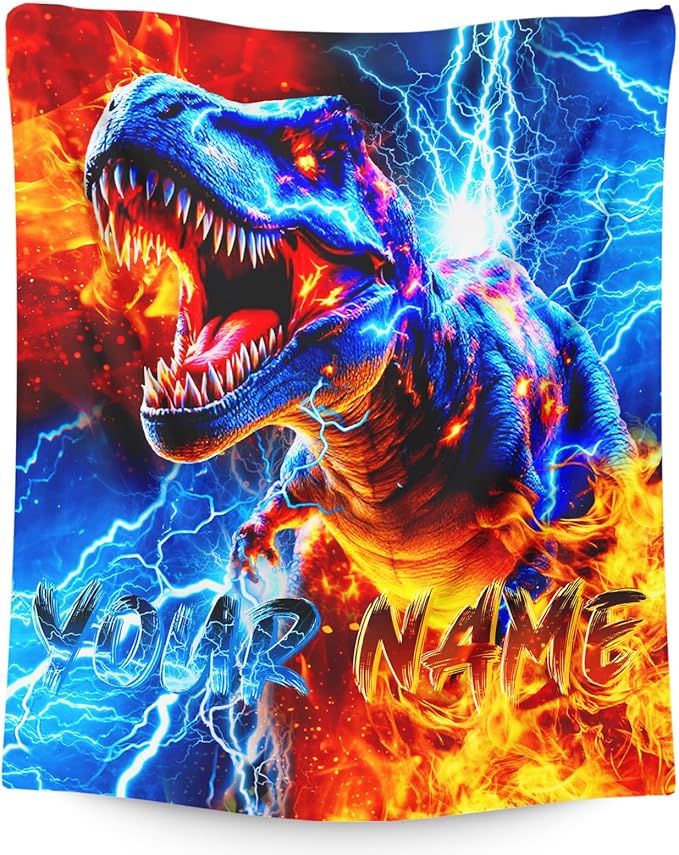 Boys Dinosaur Blanket Personalized Throw Blankets Gift for Kids Teens, 40X50 Inches Comfy Soft All Season Custom Throw for Sofa Chair Bed Office Home Decor