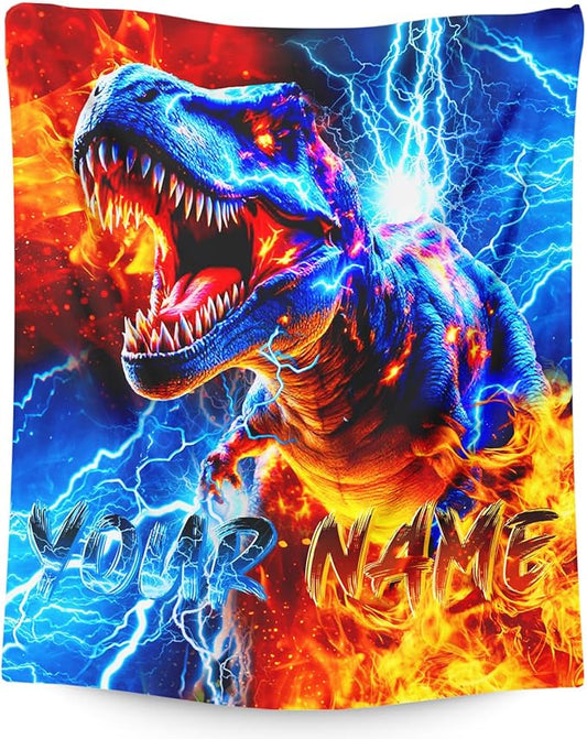 Boys Dinosaur Blanket Personalized Throw Blankets Gift for Kids Teens, 40X50 Inches Comfy Soft All Season Custom Throw for Sofa Chair Bed Office Home Decor