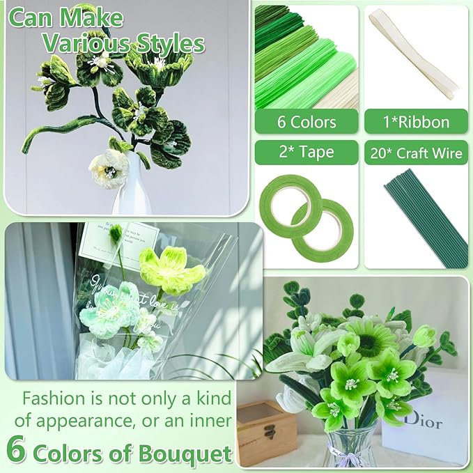 Green Pipe Cleaners, Pipe Cleaners Craft,400 Pieces Pipe Cleaner Flowers for Crafting 6 Colors Cleaner with 20 Pieces Green Craft Thread, Ribbon, Tape,DIY Art and Craft Projects Creative Gift