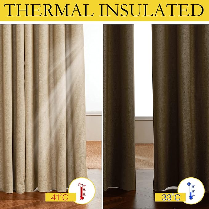 NICETOWN 100% Absolutely Blackout Linen Curtains with Thermal Insulated White Liner, Camel, 52" Wide by 45" Long, 2 Pieces, Linen Blend Window Drapes Privacy Window Treatments for Bedroom/Kids Room