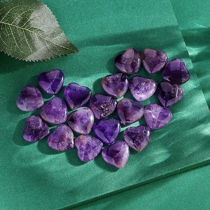 QINJIEJIE 20 PCS Amethyst Heart Crystal Purple Healing Crystals Natural Cute Stones Pocket Healing Palm Love Bulk Set Wholesale Reiki Energy Balancing Meditation Valentine's Day Gift
