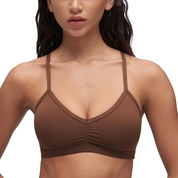 CRZ YOGA Butterluxe Ruched Sports Bras for Women - V Neck Spaghetti Thin Strap Y Back Wireless Padded Yoga Crop Top