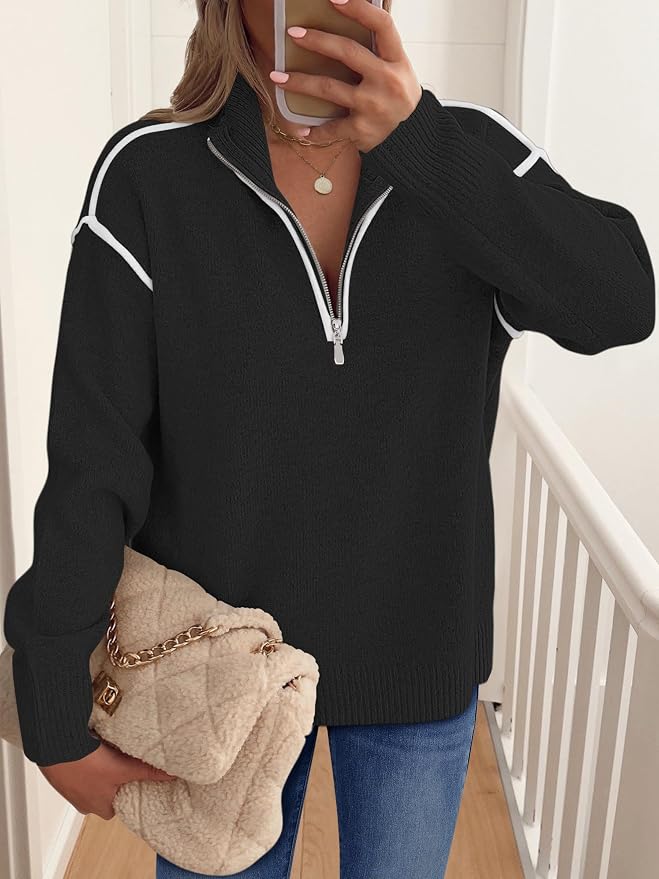 ANRABESS Womens Quarter Zip Sweaters Fall Long Sleeve V Neck Shirts Collared Business Casual Tops Knit Pullover Sweatshirts