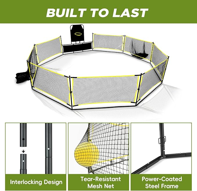 Gaga Ball Pit Portable: 15FT 3in1 Gaga Pit with Basketball Hoop and Soccer Goals - Play System for Kids 4 to 12 Years Old Indoor Outdoor for Backyard School Camp Activities