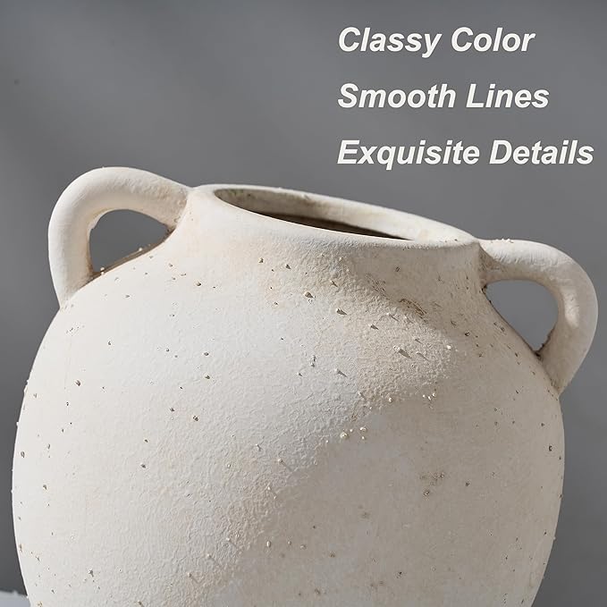PORCER Ceramic Vase, 5.8 Inch Terracotta Vase with Handles, Boho Decor Decorative Vase, Rustic Vase for Home Decor, Farmhouse, Living Room, Table - Beige
