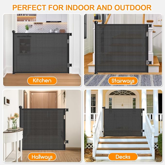 55 Inch Retractable Baby Gates Extra Wide, 41 Inch Reinforced Extra Tall Gate Mesh Safety Gate for Kids Pets, Retractable Dog Gate Baby Retractable Gate for Stair Hallway Doorway Indoor Outdoor, Black