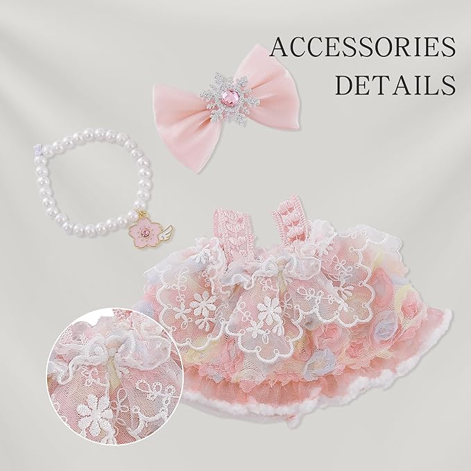 17cm Doll Clothes Set Doll Outfit 3-Piece Handmade Pink Dress with Necklace and Bow Accessories for 17cm Plush Dolls, Clothes Only