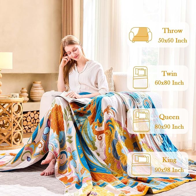 XIBLC Boho Throw Blanket, Lightweight Blankets for Summer, 100% Cotton Bohemian Decorative Throw Blanket, 90"x98" Reversible Muslin Breathable Woven Farmhouse Blankets Quilt,