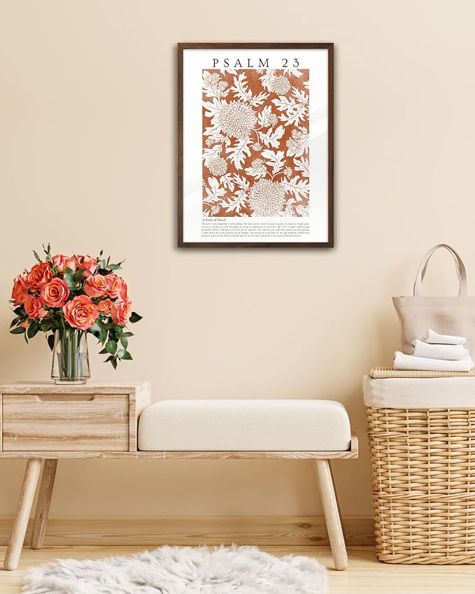 EcoHest 12x16 in Psalm 23 Orange Floral Botanical Framed Christian Wall Art | Walnut Color Solid Oak Frame with Canvas Wall Art, Scripture Bible Verse Decor for Bedroom, Living Room, Office, Church,1Pack