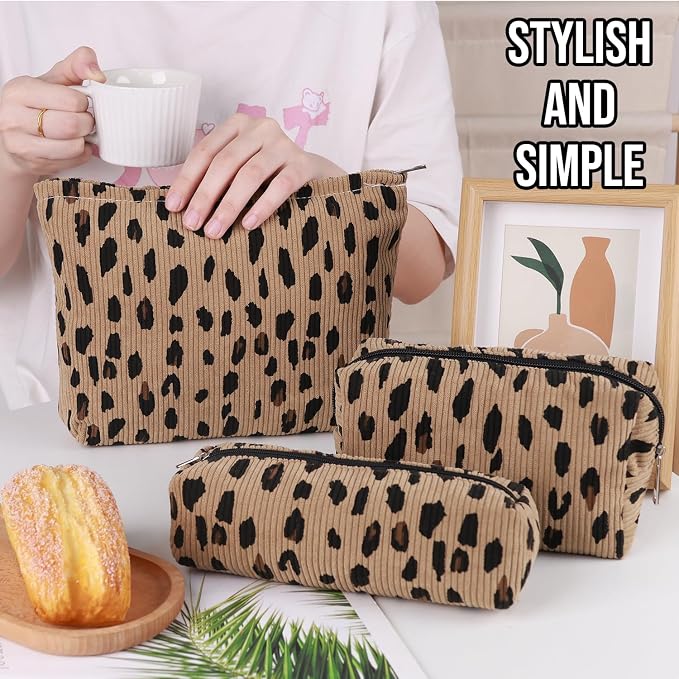 3 Pcs Makeup Bag Cosmetic Bag Set for Girls Women Travel Organizer Bathroom Toiletry Pouch Large Capacity Storage Bag (Leopard Brown)