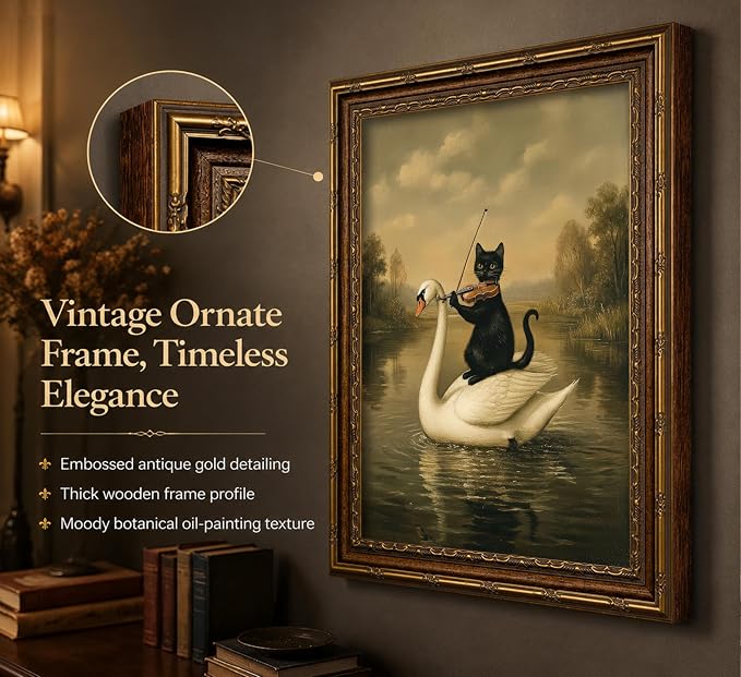 Vintage Gold Framed Black Cat Wall Art,Dark Academia Swan Painting Canvas Print,Moody Cottagecore Cute Animal Wall Decor, Rustic Farmhouse Animal Poster Artwork for Living Room Bedroom Bathroom