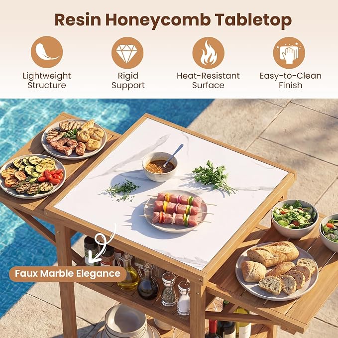 HAPPYGRILL Outdoor Wood Grill Table w/Faux Marble Top, 2-Tier Open Shelves | Outside Kitchen Island & BBQ Prep Table w/Drop-Leaf Side Panels, Acacia Wood Pizza Oven Grill Cart for Patio Backyard Party