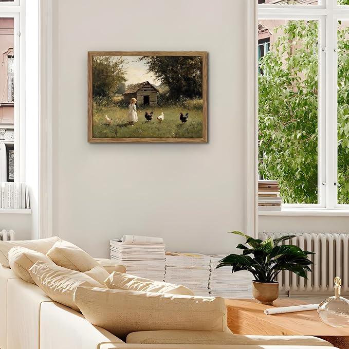Vintage Country Framed Wall Art, Little Girl and Chick Canvas Prints, Rustic Landscape Picture Painting, Pastoral Farmhouse Wall Decor for Living Room Bedroom – Dark Wooden Frame 16x24in