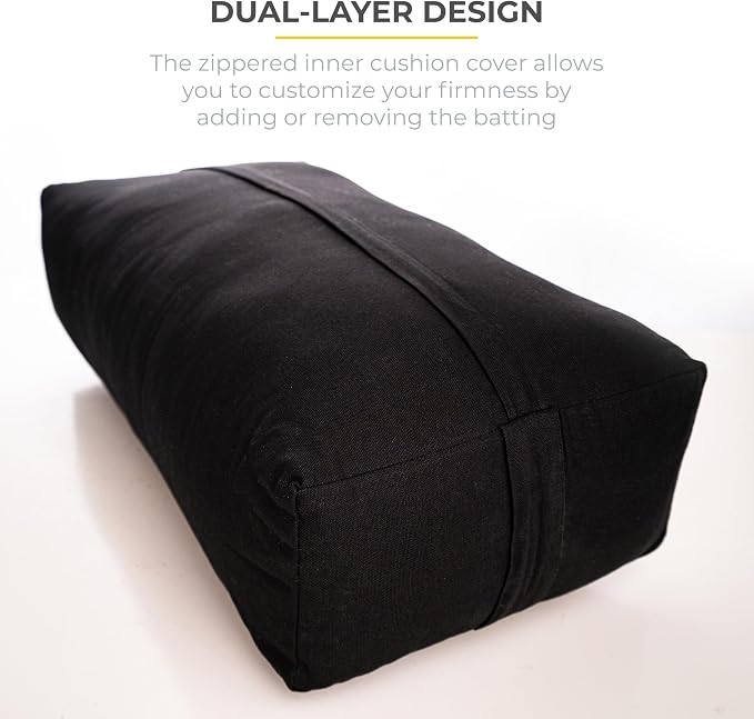 Extra Firm Large Yoga Bolster, 24" x 12" x 6" Cinched OR Zippered Yoga Pillow, Rectangular Cotton Cushion With Removable Cover for Studios, 1 Pack or 2 Pack