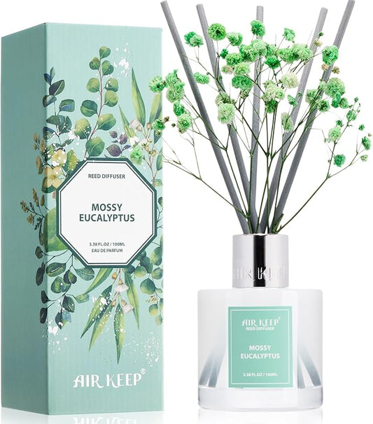 Airkeep Reed Diffuser Set,3.38 fl oz (100 ml) - Moss Eucalyptus Oil Diffusers with 8 Reed Sticks, Home Fragrance Reed Diffuser for Bathroom Shelf Decor