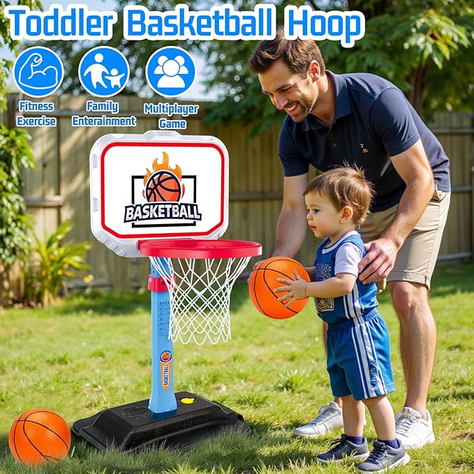 Toddler Basketball Indoor Toys for Age 3, Mini Adjustable Kids Basketball Hoops with Ball Pump Outdoor Pool Basketball Goal Sports Outside Play Toys for 3 year old Baby Boys Girls Birthday Gifts