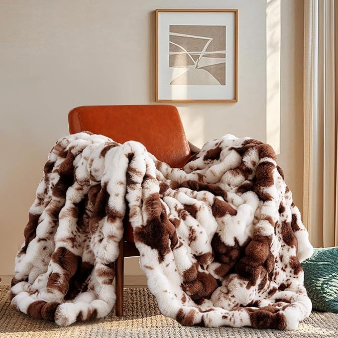 Cow Print Blanket for Couch, Faux Fur Throw Blanket, Super Heavy Warm Cozy Blankets for Bed Sofa, Bubble Plush Fuzzy Soft Mink Blanket for Living Room Bedroom, Cow Brown
