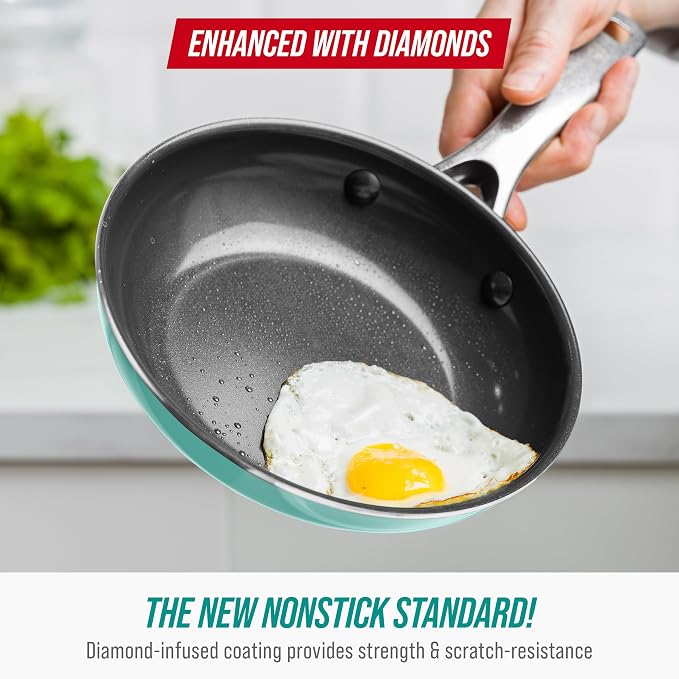 Blue Diamond 8" Diamond Infused Ceramic Nonstick Frying Pan, Turquoise | PFAS-Free Ceramic Nonstick Skillet, Dishwasher & Oven Safe, Stay Cool Handle, Durable Metal Utensil Safe, Egg & Omelet Pan