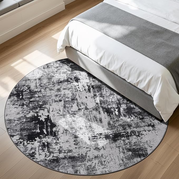 Rugflix Round Area Rugs 8Ft for Living Room, Washable Black Grey Circle Rug | Machine Washable; Stain-Resistant; Low Pile; Non-Slip; Modern Abstract; Carpet for Bedroom Dining Office Nursery Home