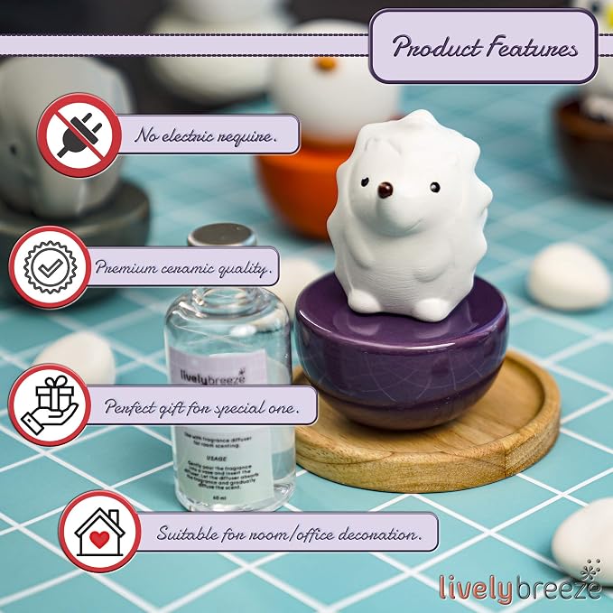 Spiky Hedgehog, Non-Electric Ceramic Diffusers for Essential Oils and Aromatherapy Fragrance, White Ceramic Diffusers in Car or Desk Office Decor and Small Bathroom at Home, Purple Vase