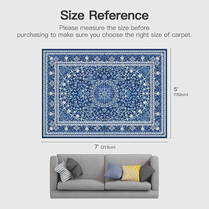 5x7 Area Rugs for Living Room, Washable Non-Slip Rug, Oriental Dark Blue | Area Rugs for Bedroom, Low Pile Carpets for Dining Room, Office, Indoor, Stain Resistant Vintage Oriental Print Rug