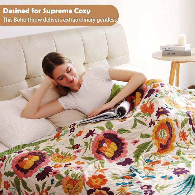 VANJOROY Boho Throw Blanket, 100% Organic Cotton Breathable Ultra Soft 91" x 98" Bed Quilt Throw - All Season Floral Rustic Farmhouse Decor Luxury Reversible Blanket for Sofa Couch Chair and Gift