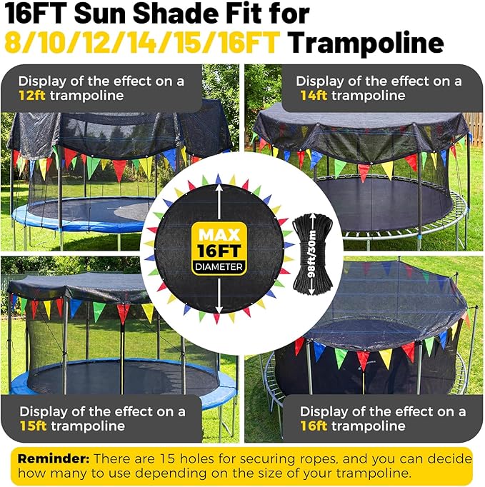 2026 Upgraded Round Trampoline Shade Cover, 4Lbs Heavy Duty Cover Accessories for 8 10 12 14 15 16FT Trampoline for Sun Protection, Sun Shade with Colorful Flag and 98FT Elastic Cord, Non Tears Easily