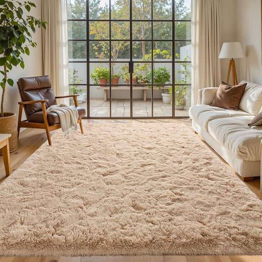 6x9 Living Room Rugs Fluffy Neutral Beige Area Rug,Modern Plush Non-Slip Soft Bedroom Shag Carpet for Book Room Office,Coffee Stain Resistant