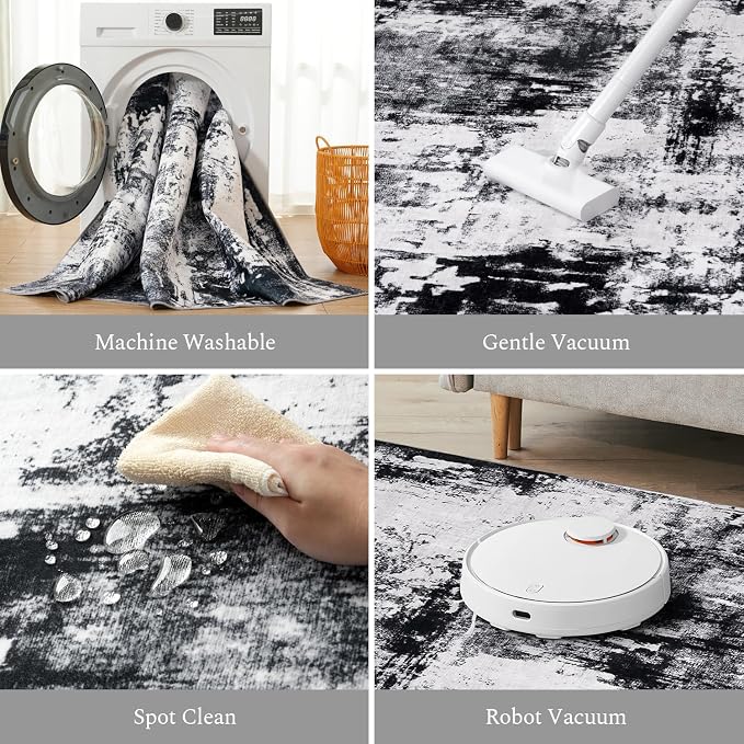 Rugflix 10x14 Area Rugs for Living Room, Washable Black Grey Dark Large Rug | Machine Washable; Stain-Resistant; Low Pile; Non-Slip; Modern Abstract; Carpet for Bedroom Dining Office Nursery Home