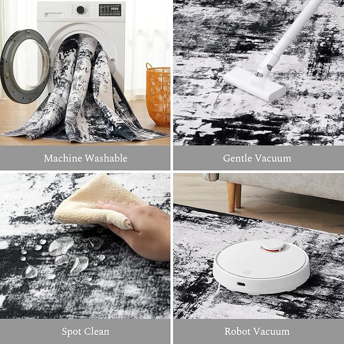 Rugflix 6x9 Area Rugs for Living Room, Washable Black Grey Dark Large Rug | Machine Washable; Stain-Resistant; Low Pile; Non-Slip; Modern Abstract; Carpet for Bedroom Dining Office Nursery Home