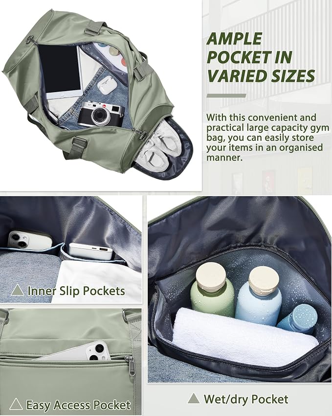 Travel Duffle Bag,Weekender Overnight Bags for Women with Shoes Compartment,Tote Gym Bag Personal Item Carry On Bag for Travel Business Trips Sport Hospital Dance Grey Green